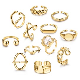JeryWe 12PCS Gold Rings for Women, 18K Gold Plated Chunky Rings, Stacking Rings Set, Adjustable Open Styles Gold