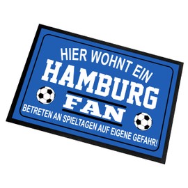 Herzbotschaft Doormat for Football Fans | Door Mat with Saying | 60 x 40 cm | Hier wohnt EIN Hamburg Fan - Enter an Spieltagen auf eigene Gefahr! | For Indoor and Outdoor Use | Rug for the Front
