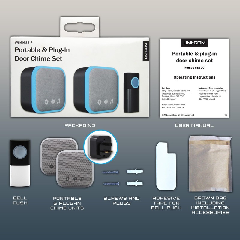 Uni-Com Wireless Portable & Plug-in Door Chime Set, 150m Operating