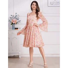 ODIZLI Fall Dresses for Wedding Guest Chiffon Floral Dress Long Bell Sleeve Square Neck Ruffle Bridesmaid Dress Casual A-Line Short Babydoll Corset Dress Above Knee Length Viral Dress Peach Pink M