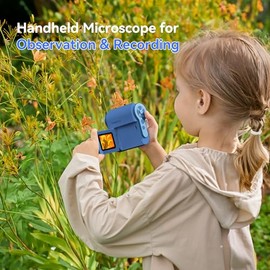 TOMLOV TOMLOV P20 Handheld Pocket Digital Microscope for Kids, 3-in-1 Miniscope, Portable 1080P DV Camera with Flip 2" LCD Screen, Compatible MacOS & Windows, 4.0 Hours, 6 Pcs Slide Set, 32GB Card (Blue)