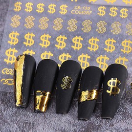 8 Sheets Dollar Nail Stickers 3D Nail Decals Gold Silvers Black White Nail Art Stickers Self-Adhesive Dollar Money Nail Decals Nail Art Supplies for Women Acrylic Manicure Decorations