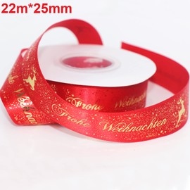 LOOGI 22 m Ribbon 25 mm Satin Ribbon, Gift Ribbon Christmas Wide Red Decorative Ribbon Christmas Ribbon Fabric Ribbon with Merry Christmas