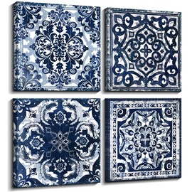 Bedroom Decor Canvas Wall Art Flower Pattern Prints Bathroom Abstract Pictures Modern Navy Framed Wall Decor Artwork for Walls Hang for Bedroom 4 Pieces Wall Decoration Size 14x14 Each Panel