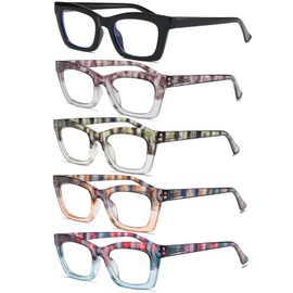 Hubeye 5 Pairs Oprah Style Square Reading Glasses for Women Men Blue Light Blocking Computer Readers with leather case +1.0