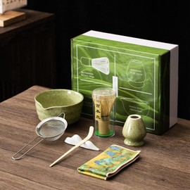 Matcha Set, Matcha Whisk Set, Matcha Bowl with Spout and Whisk, Matcha Scoop, Sifter, Spoon holder, Tea Towel, Chasen Holder - 7pcs Perfect Matcha Kit for Matcha Tea Ceremony (Jade Green)