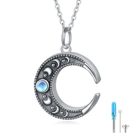 HOOHWE Moonstone Urn Necklace for Ashes 925 Sterling Silver Plated Crescent Moon Phase Necklace Moon Phase Charm Circle Moon Pendant Necklace for Women Moon Jewellery Ash Keepsake Pendant Memorial,