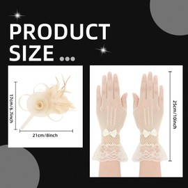 Fascinators Hats for Women and Lace Gloves Set, Beige Derby Hat Vintage Tea Party Hats Fascinator Hat Headband Headwear Clip 1920s Accessories for Women Girls Cocktail Wedding Church Tea Party Favors