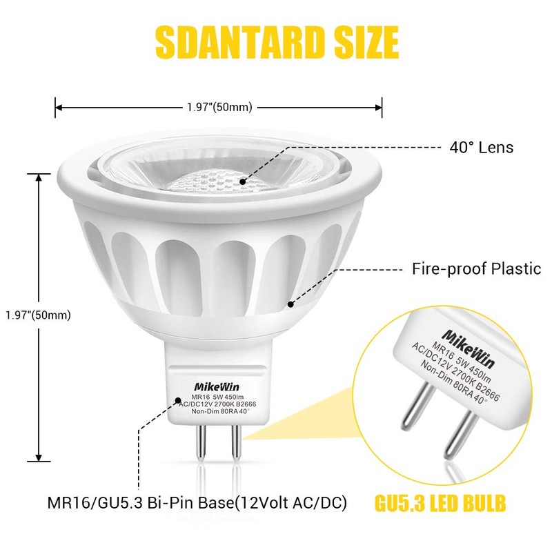 MikeWin MR16 LED Bulb 10Pack,5W 12V, GU5.3 Bi-Pin Base,50-Watt Equivalent,2700K
