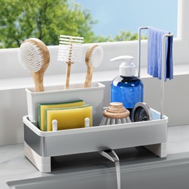 Laveshop Sponge Holder for Kitchen Sink, Rustproof Stainless Steel Sink Caddy with Auto-Drain, Removable Brush Holders, Soap and Dishcloth Organizer, White
