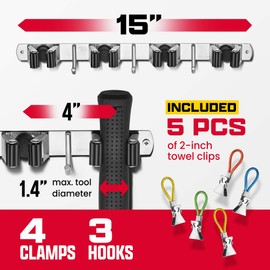EFFEKTIVTOOLS Mop and Broom Holder Wall Mount – Self-Adhesive Stainless Steel broom hanger organizer – 4 Clamps, 3 Hooks, 5 Towel Hanging Clips Mounting Screws – Holds Up to 40 Lbs