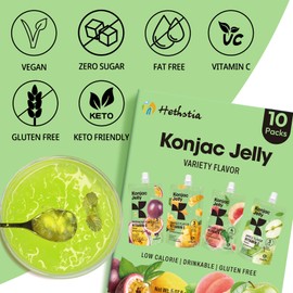 Hethstia Konjac Jelly, 10 Pack – Peach, Mango, Passion Fruit, Green Apple – Vegan, Sugar-Free, Low Calorie, Keto, Gluten-Free, Vitamin C Snack – Refreshing, Drinkable, On-the-Go Healthy Treat