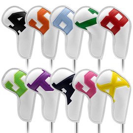 Barudan Golf Iron Club Head Covers Set Headcovers for Callaway Ping S5 - Big Colorful Number - Long Neck - Black Pu Leather fits Small Standard Oversized Golf Clubs 10pcs/Pack (White+Color Number)