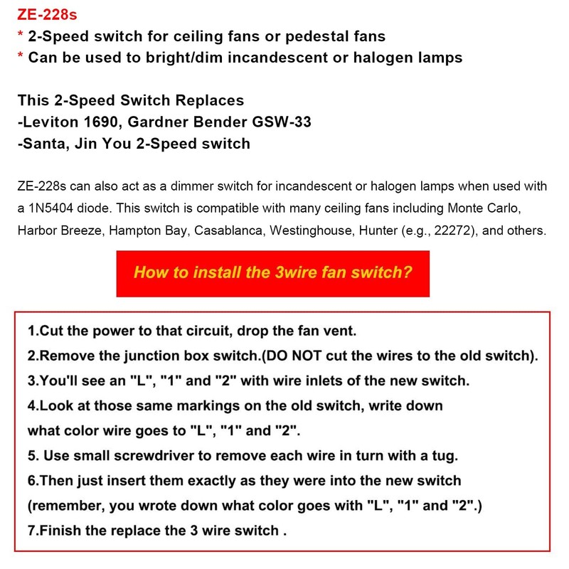 Replacement Ceiling Fan Light Switch, ZE-228s 2 Speed 3 Wire
