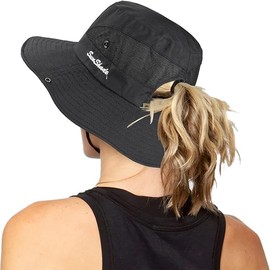 Women's Ponytail Sun Bucket Hats Summer Beach Hat Wide Brim UPF 50+ UV Protection Sunhats Fishing Cowboy Hats, Black, Large-X-Large