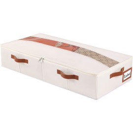 Yawinhe Underbed Storage Box, Non-Woven Fabric, Foldable Storage Bag with Clear Lid and Handles, for Bedroom, 60 x 30 x 15 cm, Beige, Pack of 1