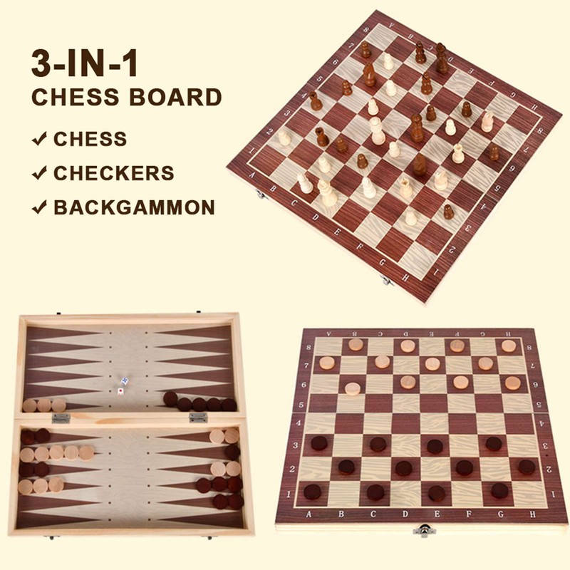 3 In 1 Wooden Chess Checkers Backgammon Set Portable Wooden
