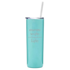 20 oz Skinny Tall Tumbler Stainless Steel Vacuum Insulated Travel Mug With Straw Mom Wife Blessed Life Mother (Light Blue)