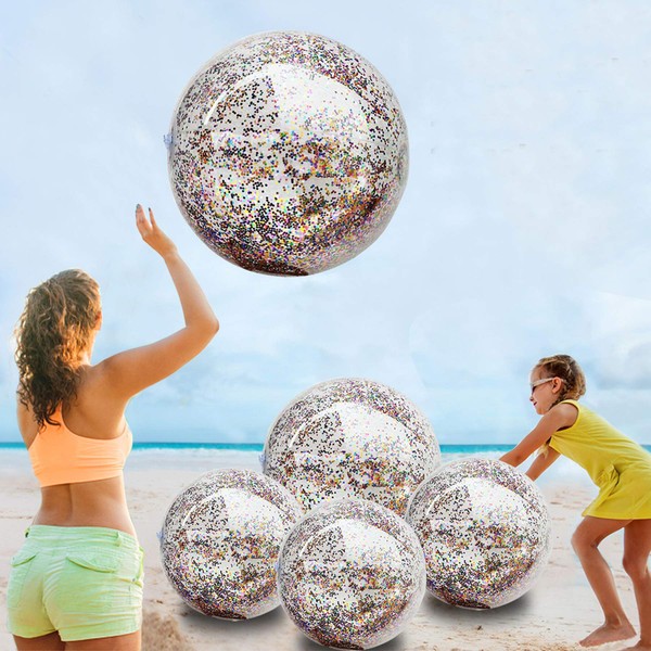 TURNMEON 5 Pack Sequins Beach Ball Jumbo Pool Toys Balls 16 Inch 24 Inch Giant Confetti Glitters Inflatable Clear Beach Ball Swimming Pool Water Beach Toys Outdoor Summer Party Favors for Kids Adults