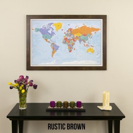 Push Pin World Travel Map with Rustic Brown Frame and Pins - Blue Oceans - 27.5 inches x 39.5 inches