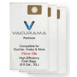 Vacurama Premium Central Vacuum Bags Compatible for Duovac Filtre 196-dv, Husky Storm, Titan, FILTRE-196-HU. Capacity of 6.8 Gal. (30L) High Efficiency, Micro-Filtration, Tear-Resistant (3 Bags)