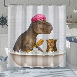 Funny Cat Dinosaur Shower Curtain Cute Fun Dino Cat Bathe Shower Curtains for Bathroom Kids Boys Cool Unique Whimsical Waterproof Fabric Bath Curtain Decor 72 X 72 Inches