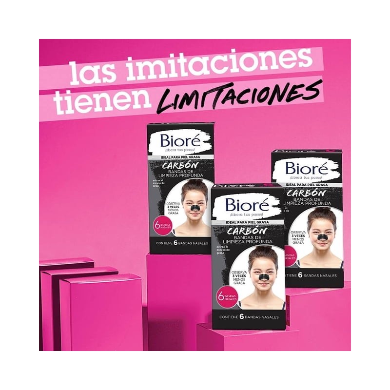 Bandas nasales Bioré de limpieza profunda con carbón 6 pzas
