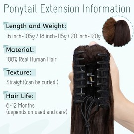 S-noilite Claw Clip Ponytail Extension Human Hair #2 Dark Brown Real Remy Human Hair Ponytail Extension 20inch Long Straight Hair Pony Tails Hair Extensions For Women 120Grams