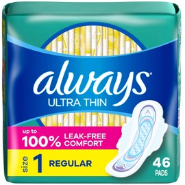 Always Ultra Thin Pads with Wings, Size 1, Regular, 46 Count