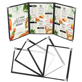 Kurtzy Pack of 5 Three Double-Sided Foldable A5 Menu Card Holders - American Style Menu Cards - Black Menu Cards with Stainless Steel Corner Protection - For Restaurants, Bars, Cafés, Food and Drinks,