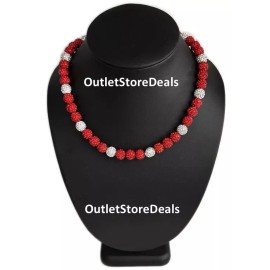 Power Energy Sports Rhinestone Crystal Bling Disco Ball Bead Beaded Reds Baseball Necklace  - 22" inches