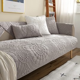 vctops Boho Circle Embroidery Couch Sofa Cover Solid Color Cotton Quilted Non-Slip Sectional Couch Covers Sofa Slipcover for Dogs, Children, Pets Furniture Protector (Grey,28"x70")