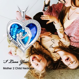 TOUPOP Mothers Day Gifts for Mom Mother of 2 Necklace Sterling Silver Heart Crystal Family Pendant Necklaces Women Jewelry Birthday Gift