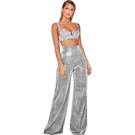 Women's Sexy High Waist Wide Leg Palazzo Lounge Pants Metallic Glitter Bell Bottoms Trousers Rave Party