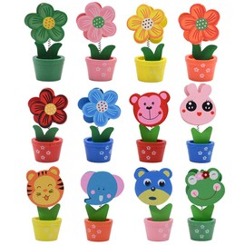 Creative Photo Holder with Wooden Base - Cartoon Animal Flower Pot, Table Name, Number Holder, Party Decoration, Card Holder, Picture Memo Notes, Photo Clip Holder (Pack of 12)