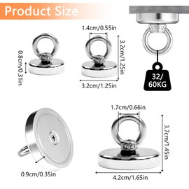 Pack of 4 Eyelet Magnets Strong, Magnets Strong 32 kg 60 kg, Fishing Magnets Strong, Neodymium Magnet Extra Strong, Magnetic Fishing Magnets Round for Home, Workshop, Water, Diameter 32 mm, D 42 mm