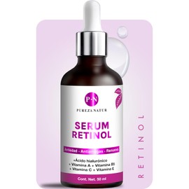 PUREZA NATUR Serum Retinol + Vitaminas A, B5, E, C + Acido hialuronico facial hidratante y reparador | Suero Reductor de líneas de expresión e imperfecciones en la piel 50ml