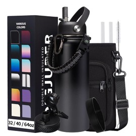 Vacuum Insulated Water Bottle 40oz - w/Straw Lid & Spout Lid, Carrier Bag, Paracord Handle, Bottle Boot, Stainless Steel Water Bottle for Adults, Wide Mouth Thermo Bottle Flask Cold-48H Hot-24H