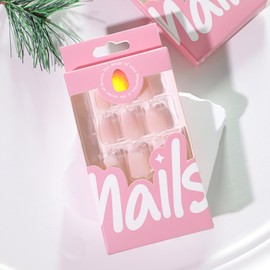 Press on Nails Short Square Fake Nails French Tip Nail Press ons with Design Pink Ombre Glue on Nails Reusable Artificial Acrylic Full Cover Glossy Stick on Nails for Women Manicure 24Pcs