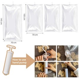 Hanging Vacuum Storage Bags, GQC 4 PCS Space-saving Vacuum Bag for Clothes, Suits, Dresses, Coats or Jackets, Clear & Reusable Closet Organizer with Hand Pump(1 Long 145x70cm & 3 Short 105x70cm)