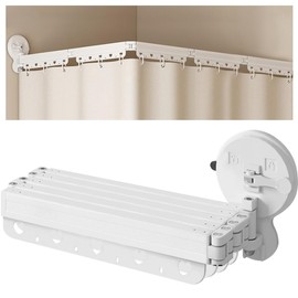 EHERDM Wall Mounted Folding Shower Curtain Rod Punch-Free Suction Cups 360°Collapsible Shower Curtain Rod for Bathroom Corner Bathtub Retractable Laundry Rack 5-Fold 68"