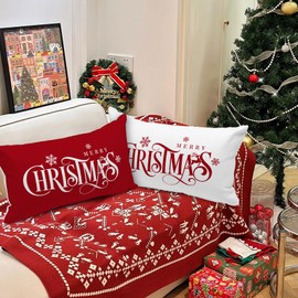Lanpn 12x20 Red Christmas Lumbar Pillow Covers Set of 2, Xmas Decorations Cushion, Merry Christmas Pattern Pillowcase Pillows, Winter Holiday Decorative Pillow Case, Indoor Home Bedroom Sofa Decor