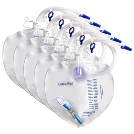 GlobalRoll Urinary Drainage Bag with Anti-Reflux Chamber, Bedside Drainage Bag 2000 mL with 48" Drainage Tube, Hook Hanger and Clips, Urine Bag with Metals Buckle for Home and Hospitals, 5 Pack