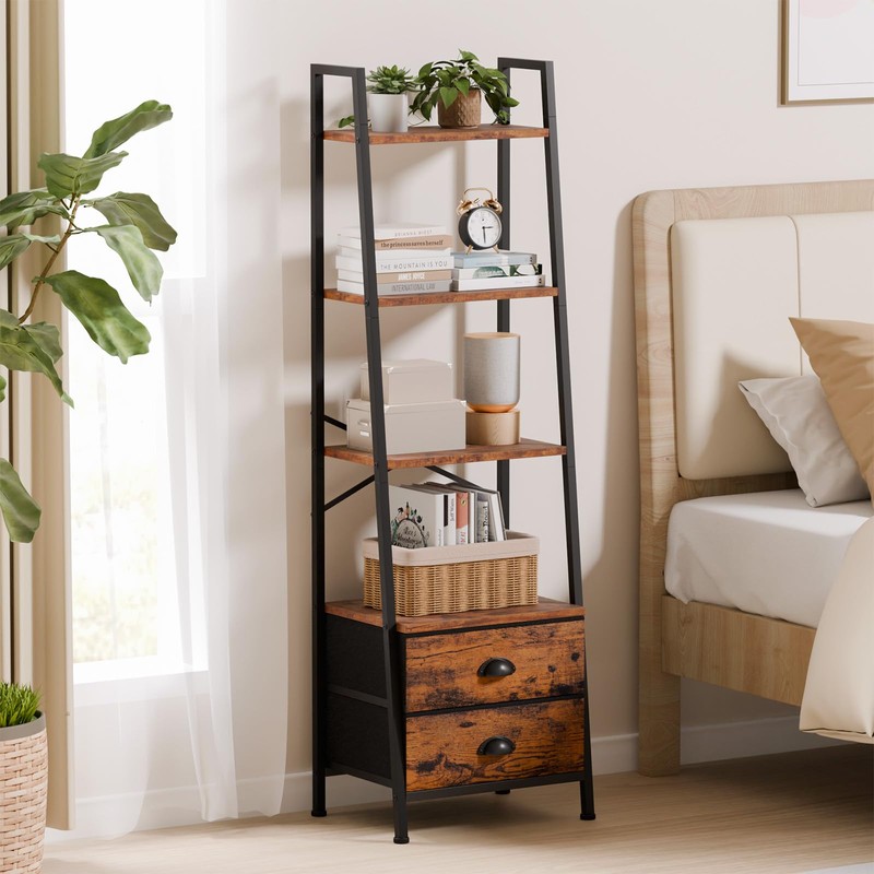 Furologee 4-Tier Ladder Shelf,Small Bookshelf with 2 Drawers,Vertical Bookcase Storage