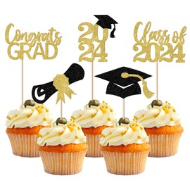 30 Pack 2023 Graduation Cupcake Toppers Glitter Congrats Grad Cap Diploma Cupcake Picks Class of 2023 Cupcake Decorations for Senior 2023 Graduation Theme Party Supplies Black Gold