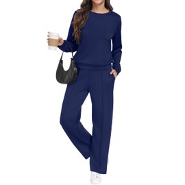 GRECERELLE Tracksuit Womens Full Set Autumn Long Sleeve Lounge Wear Sets for Women Two Piece Outfits Activewear Casual Crew Neck Pullover Tops and Jogging Bottoms with Pockets (Navy Blue, M)