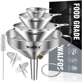 Stainless Steel Funnel, Walfos 4 Pack(4in、3 in、2.2 in、1.7in Kitchen Funnel with 2 Removable Strainer ＆ 1Pcs Cleaning Brush, Perfect for Transferring of Liquid, Oils, Jam, Dry Ingredients & Powder