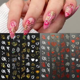 8 Sheets Valentine's Day Nail Art Stickers Hollow Heart Nail Stickers 3D Self-Adhesive Angel Nail Decals Red Gold Rose Heart Flower Nail Design Valentines Nail Supplies for Women Wedding Manicure