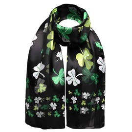 St. Patrick Clover, Shamrock Print Satin Stripe Scarf, Black