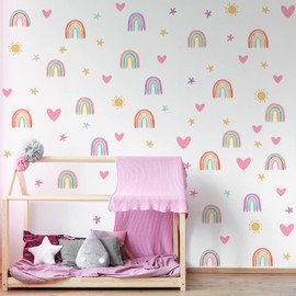 Rainbow Wall Decor Stickers Small Rainbow Wall Decal Watercolor Rainbow Heart Sun Star Wall Stickers for Girls Boys Baby Bedroom Nursery Wall Decor (Classic Color)